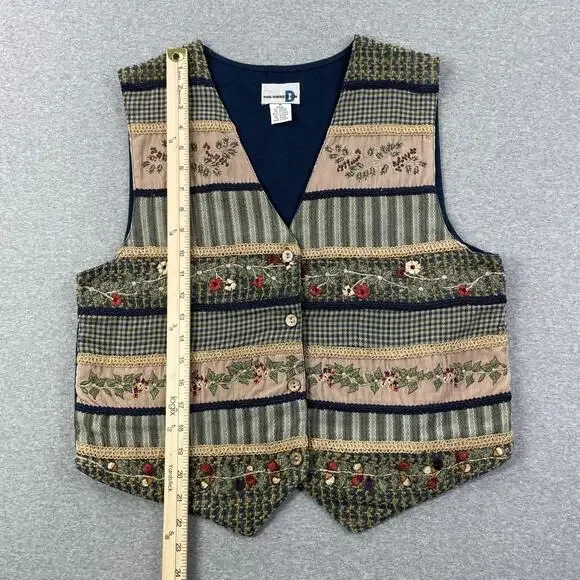 VTG Paul Harris Floral Embroidered Vest Womens M Patchwork Stripe Boho Cottage - Picture 5 of 11